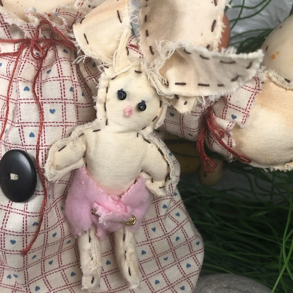 Bunny Rabbit Doll w/ Baby Farmhouse Handmade Distressed Rustic Rabbit Doll